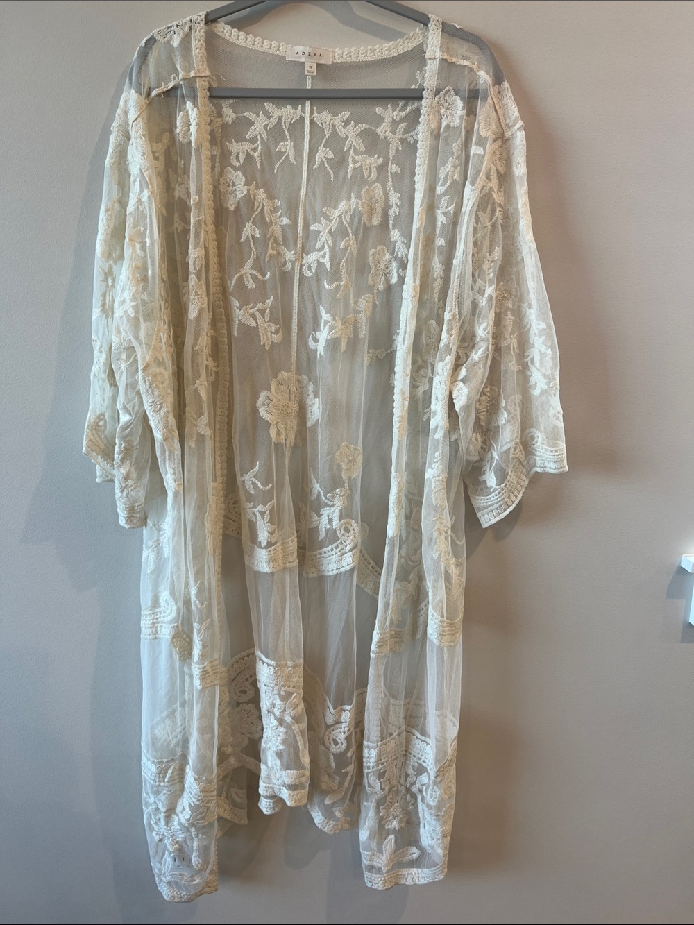 Adiva 1X Cream Sheer Embroidered Kimono romantic Boho floral